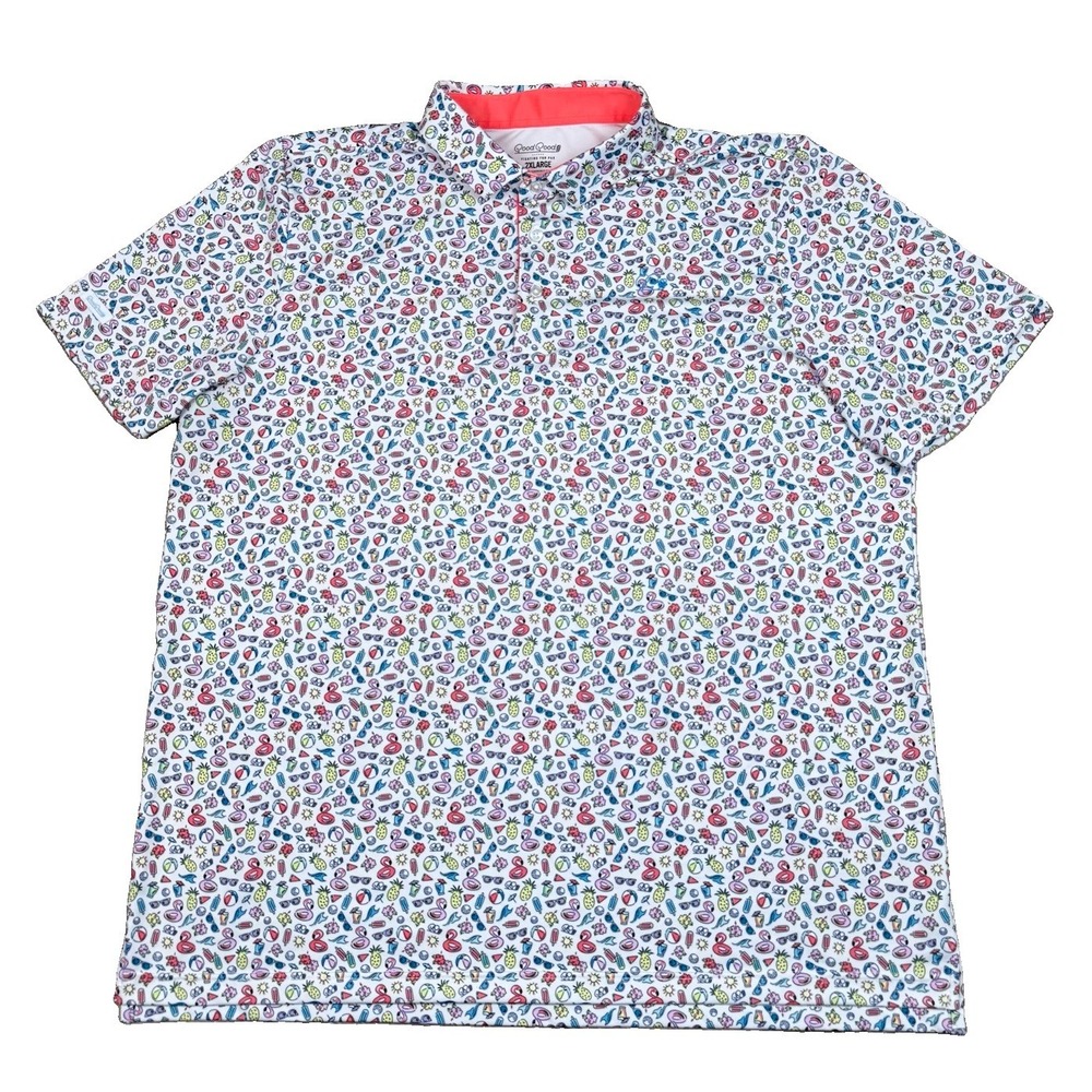 Good Good Golf Men's XXL Beachside Polo Shirt Summer Flamingo Pineapple Print
